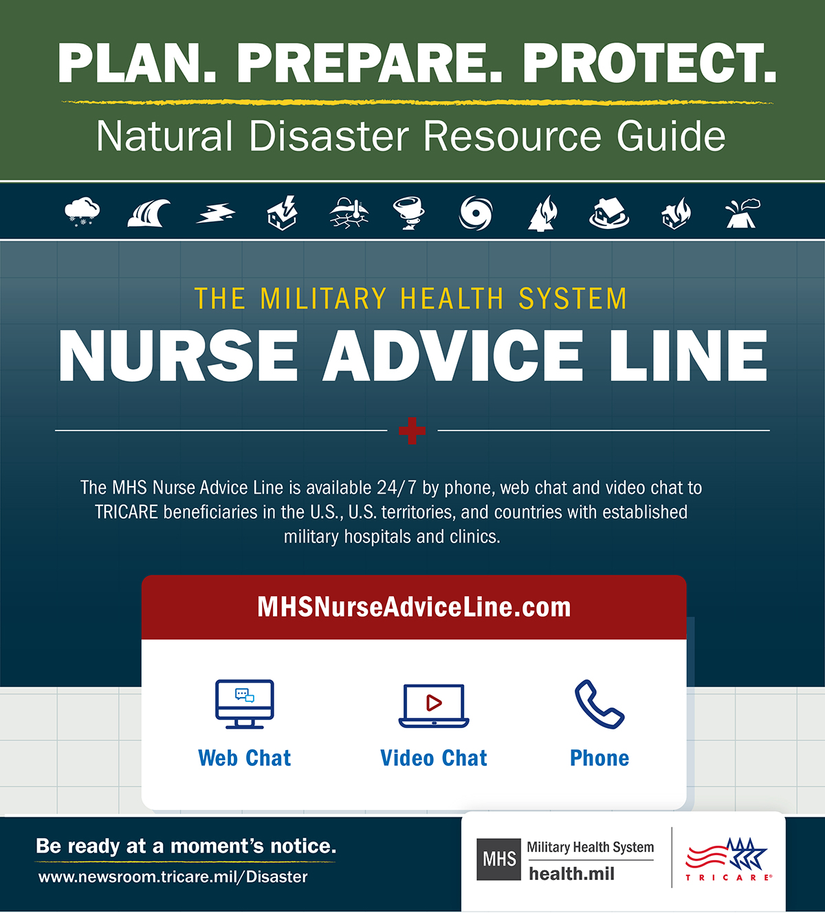 Link to Infographic:  The MHS Nurse Advice line is available 24/7 by phone, web chat and video chat to all TRICARE beneficiaries in the U.S. and U.S. Territories, and countries with established military hospitals and clinics. This condensed NAL infographic incudes the website www.MHSNurseAdviceLine.com.