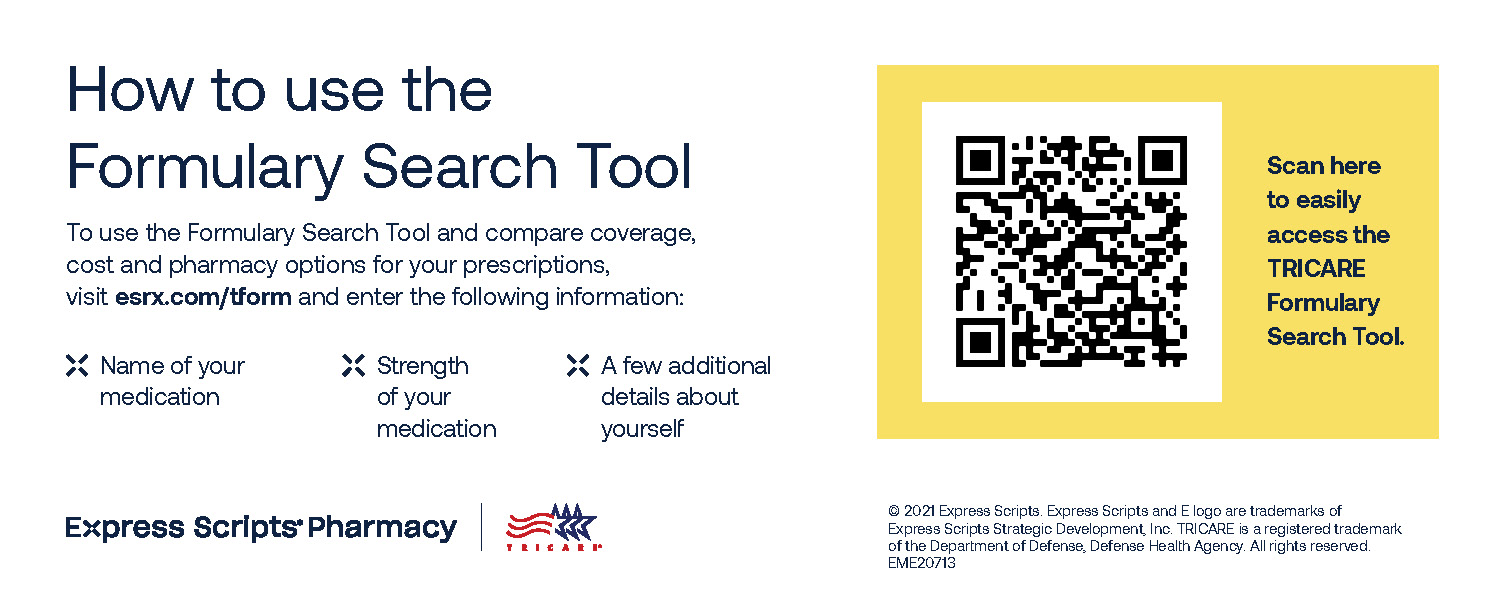 Link to Infographic: A buck slip for educating beneficiaries on what the TRICARE Formulary Search Tool is. Includes a QR code that links to the search tool. 