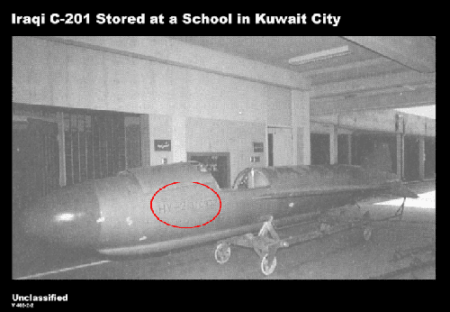 Figure 4. Captured Iraqi Seersucker anti-ship missile from the Kuwait Girls' School. Photograph taken by US Naval officer, March 1991, at Shubaiha Port. Note the serial number on the missile circled above matches that of the missile in Figure 5.