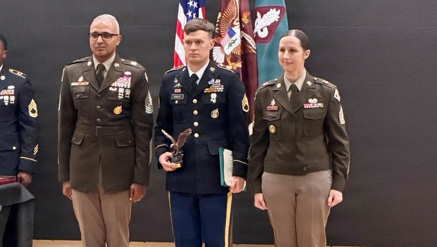 Munson Army Health Center Radiology Specialist Staff Sgt. Nicholas Cagle was recognized for exceptional leadership, earning the Sergeant Major of the Army Leon Van Autreve Leadership Award at the U.S. Army Medical Noncommissioned Officer Academy Senior Leader Course, Fort Sam Houston, April 24.