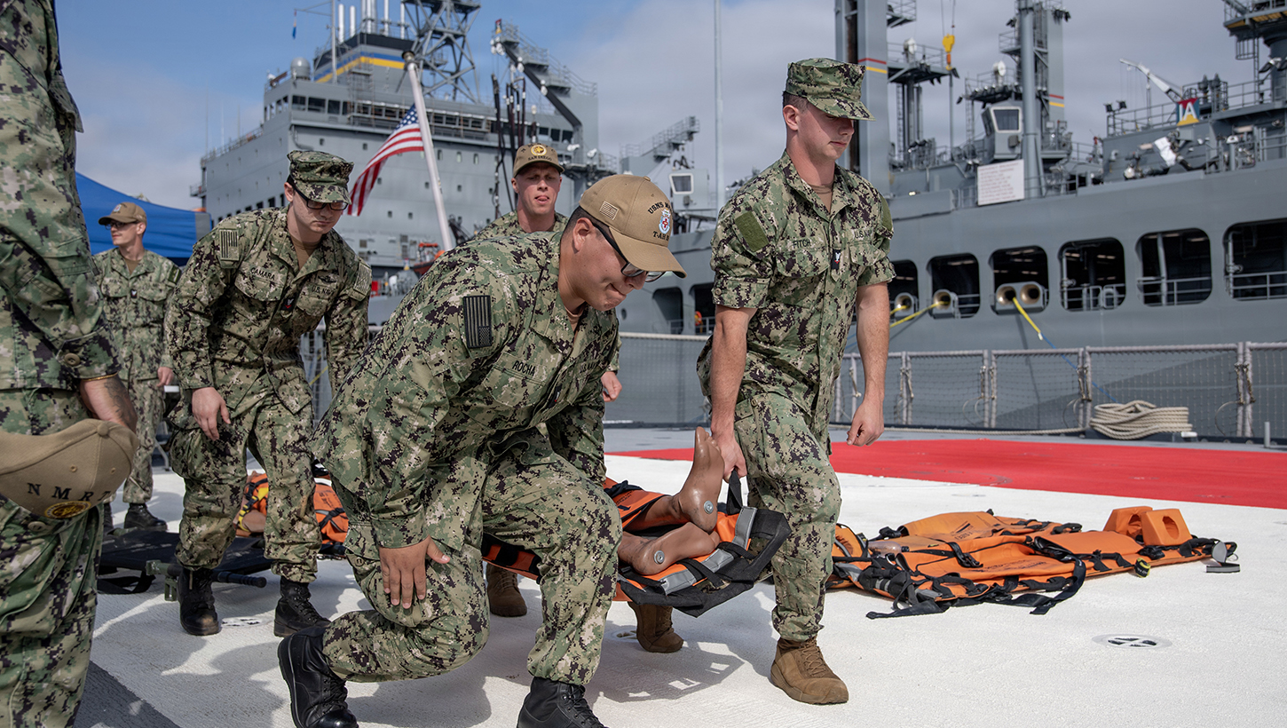 U.S. Navy Sailors assigned to Navy Medicine Readiness Training Command San Diego participate in a shipboard litter bearer training 