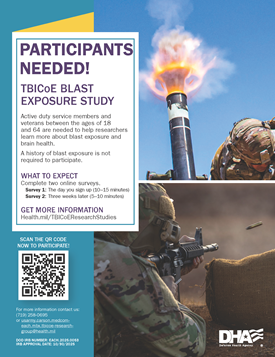 Thumbnail image of the downloadable flyer to recruit participants for a blast exposure study.