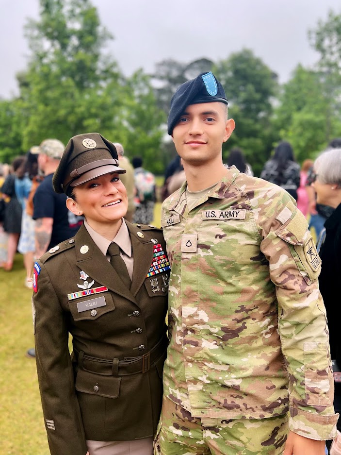CSM Kalani Kalili, Eisenhower Army Medical Center’s Command Sergeant Major, stands with her youngest son, Private First-Class Israel Kalili, a recent graduate of the U.S. Army Infantry School