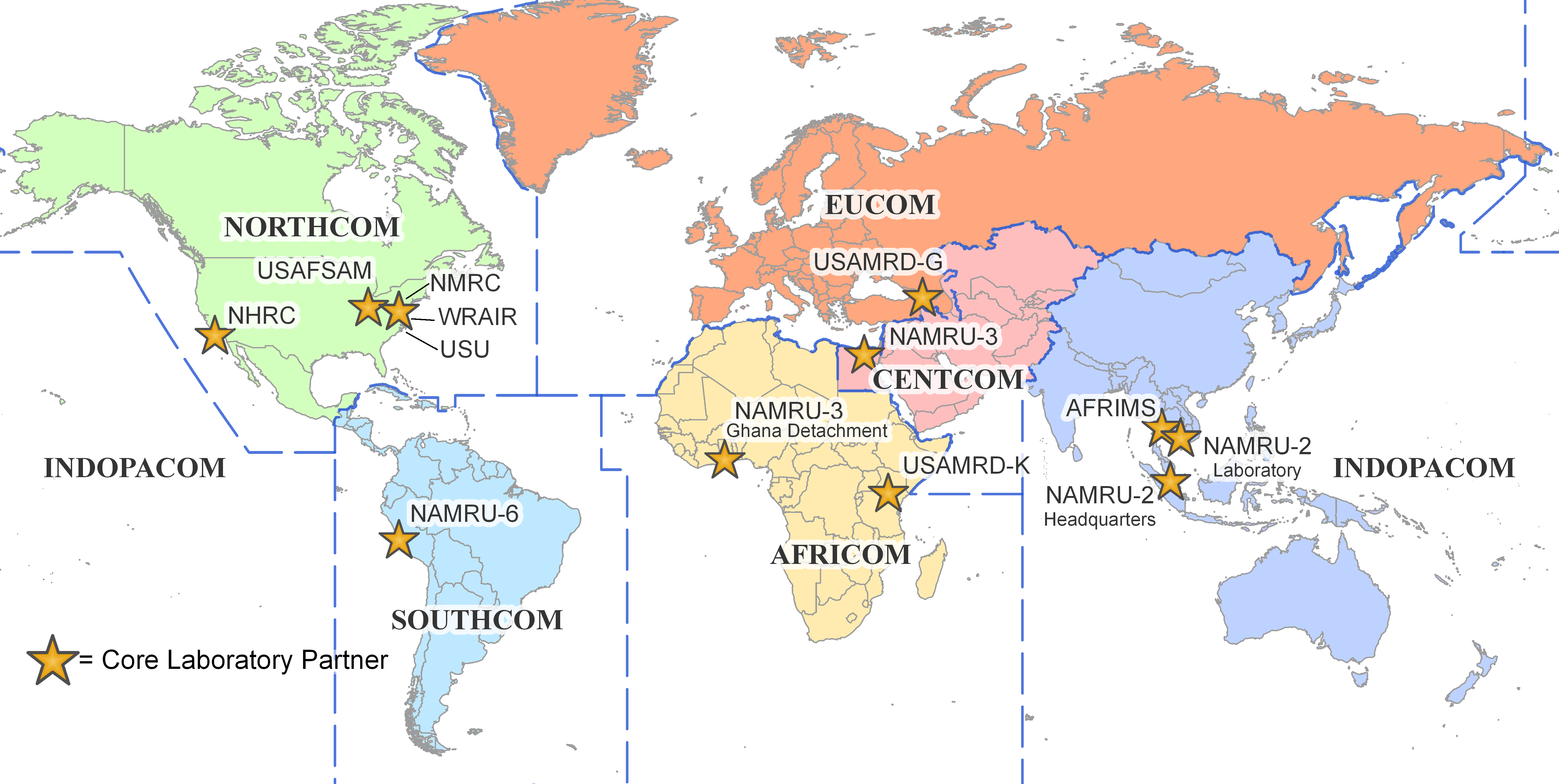 This graphic shows locations of the core partner laboratories of GEIS are represented by the stars on this map. These core laboratories are spread across the globe, providing laboratory and infectious disease surveillance support to all Geographic Combatant Commands. Acronyms - AFRICOM: United States Africa Command; CENTCOM: United States Central Command; EUCOM: United States European Command; NORTHCOM: United States Northern Command;PACOM: United States Pacific Command;SOUTHCOM: United States Southern Command;AFRIMS: Armed Forces Research Institute of Medical Sciences; NHRC: Naval Health Research Center; NMRC: Naval Medical Research Center; NMRC-A: Naval Medical Research Center- Asia; NAMRU-2: Naval Medical Research Unit 2; NAMRU-3: Naval Medical Research Unit 3;  NAMRU-3: Ghana Detachment; NAMRU-6: Naval Medical Research Unit 6; USAFSAM: United States Air Force School of Aerospace Medicine;  USAMRD-K: United States Army Medical Research Directorate- Kenya;USAMRD-G: United States Army Medical Research Directorate- Georgia; USUHS: Uniformed Services University of the Health Sciences;  WRAIR: Walter Reed Army Institute of Research 
