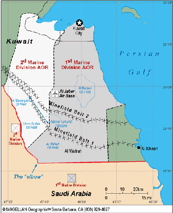 Figure 2. On February 24, 1991, the 1st and 2d Marine Divisions cleared openings in two Iraqi minefield belts in southern Kuwait