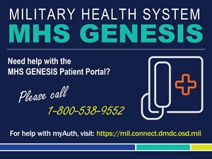Military Health System MHS GENESIS. Need help with the MHS GENESIS Patient Portal? Please call 1-800-538-9552. For help with DS Logon, visit https://milconnect.dmdc.osd.mil