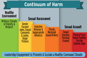Continuum of Harm; Healthy Environment: Military Climate of Dignity and Respect; Sexual Harassment: Gender Focused Jokes, Sexual Comments and Jodies, Vulgar Pictures, Seductive Behavior and Inappropriate Advances, Threats, Blackmail, Sexual Bribery; Sexual Assault: Sexual Touching, Pinching, Groping, Physical Force, Sexual Fondling, Forcible Sodomy, Rape; Leadership Engagement to Promote and Sustain a Healthy Command Climate