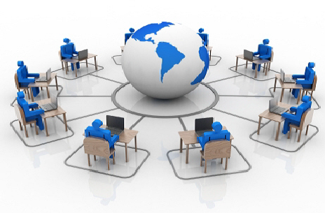 Image of a globe surrounded by figures at computer stations attending a virtual learning event.