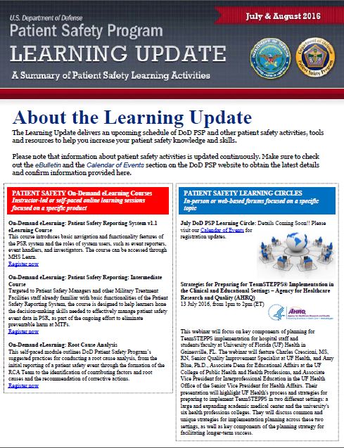 Image of the July/August 2016 DoD Patient Safety Program Learning Update publication.