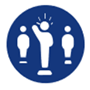 Icon of 3 people with the one in the center raising their hand.