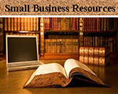 computer screen and library with the text, "Small Business Resources"