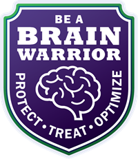 Badge icon for 2023 Brain Injury Awareness Month. Be a Brain Warrior: Protect, Treat, Optimize.