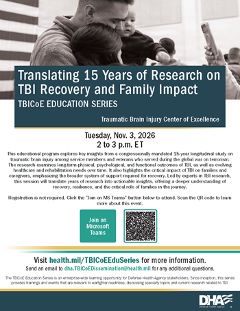 Thumbnail image of the downloadable event flyer for the November TES event, Translating 15 Years of Research on TBI Recovery and Family Impact.