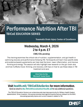 Thumbnail image of the downloadable PDF flyer for the "Performance Nutrition After TBI" TBICOE Education Series event