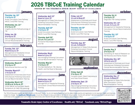 Thumbnail image of the downloadable flyer listing 2026 TBICoE training events.