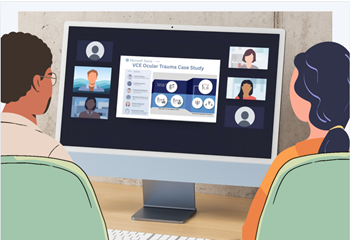 Man and woman watching a virtual meeting on the computer in front of them