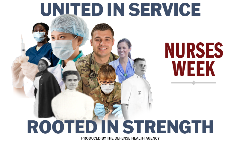 Image of nurses in different health care settings with the text, Nurses Week - United in Service, Rooted in Strength