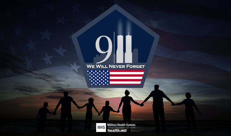 Image representing 9/11 with the twin towers inside a pentagon and an American flag. Includes the text, 
