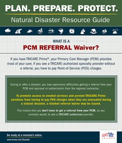 Image describing what a Primary Care Manager Referral waiver is, and when you can obtain a blanket referral waiver during a disaster