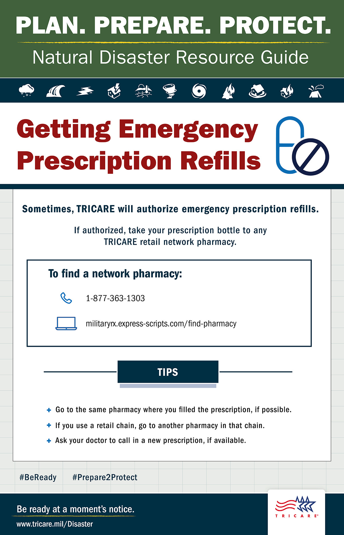  This graphic highlights how to obtain emergency prescription refills in the event of a natural disaster. 