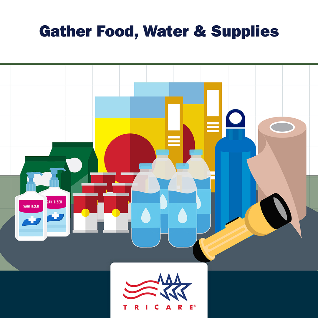  Image of food, water and supplies with text "Gather Food, Water and Supplies"
