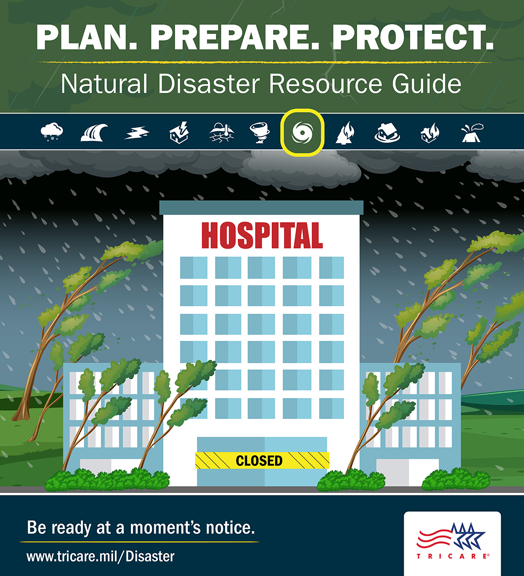  Image of a hospital with a closed sign. Use this graphic if your MTF closes due to a hurricane.