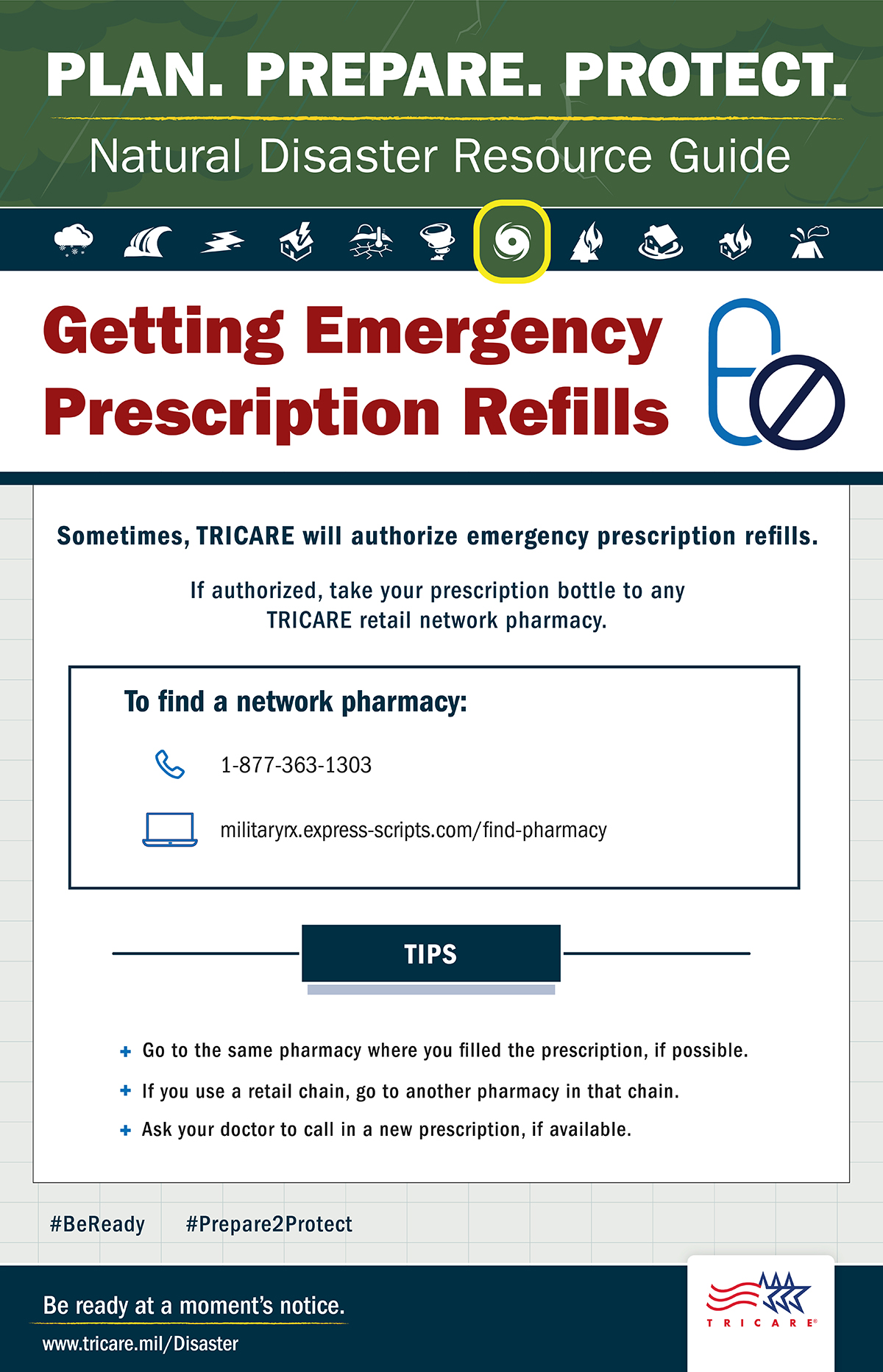 Link to Infographic:  This infographic describes the process and tips for getting emergency prescription refills when a state of emergency is declared. Beneficiaries can take their prescription bottle to any TRICARE network pharmacy