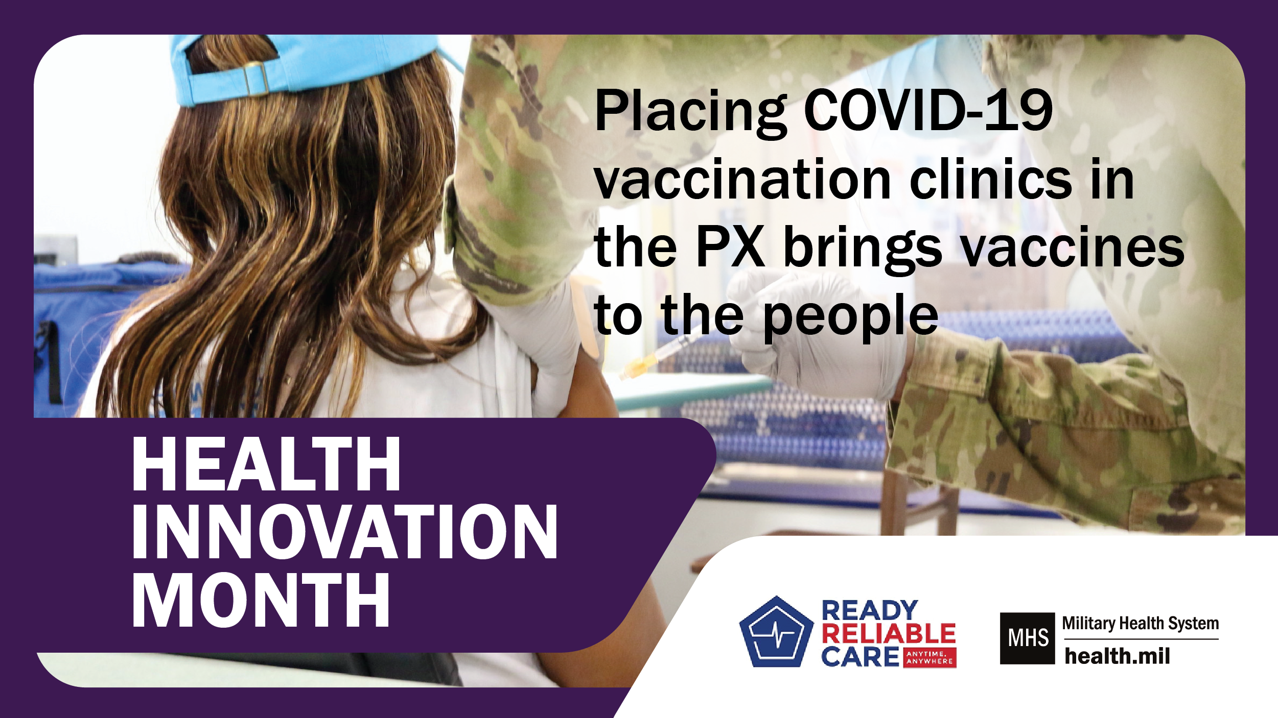 Social media graphic on Health Innovation Month people getting a vaccine