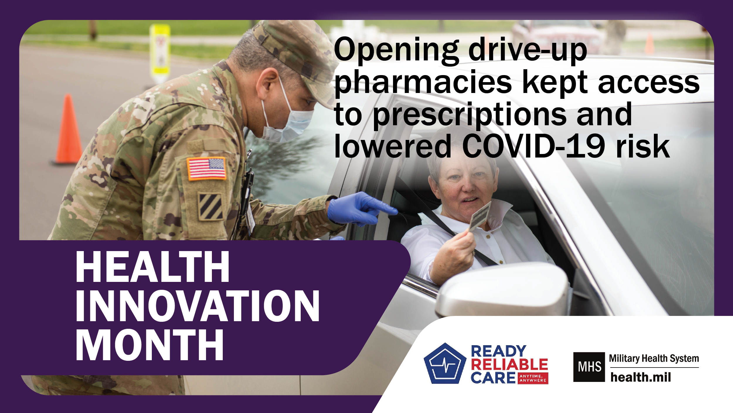 Social media graphic on Health Innovation Month showing a drive up COVID-19 test