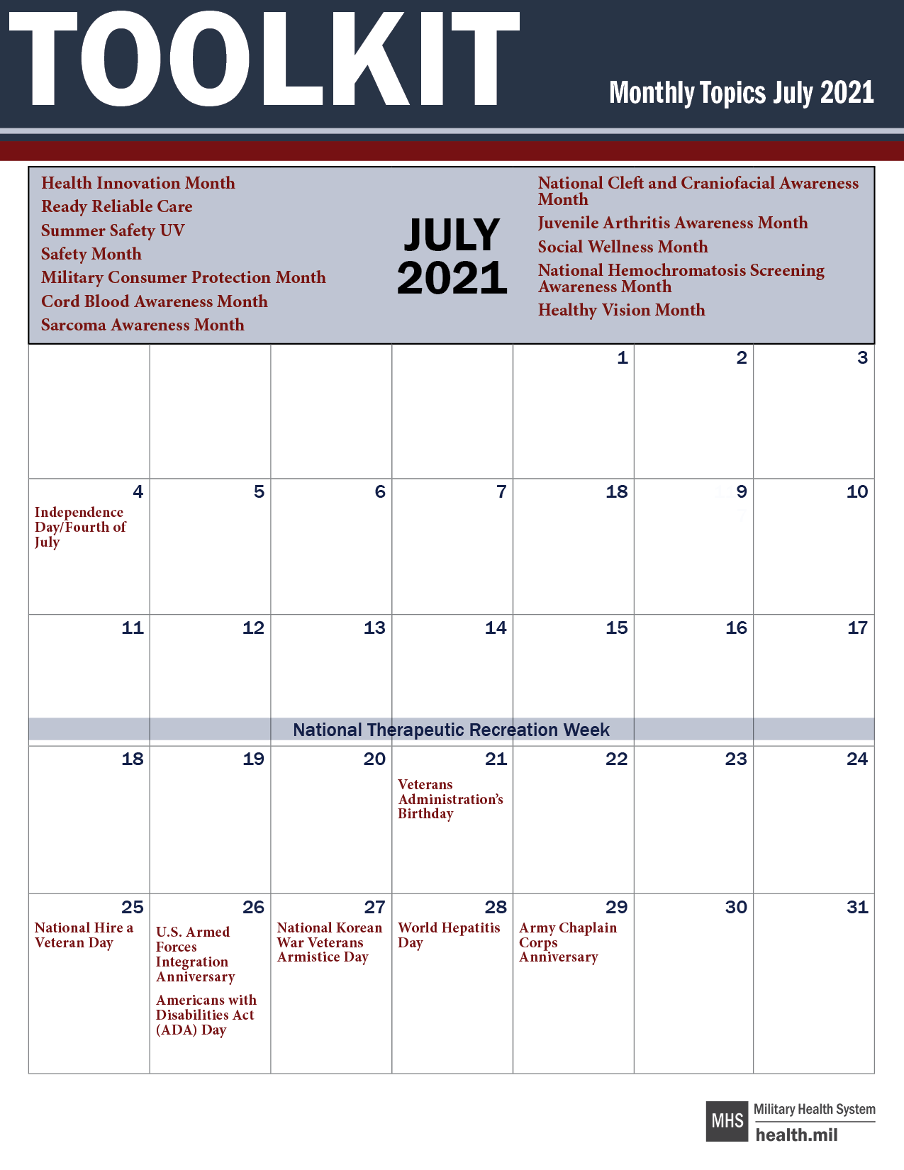 A calendar of July national military and medical observances showing monthly, weekly and daily events.