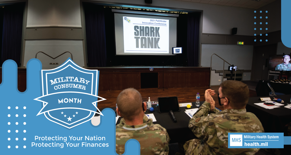 Social media graphic on Military Consumer Month showing service members watching Shark Tank