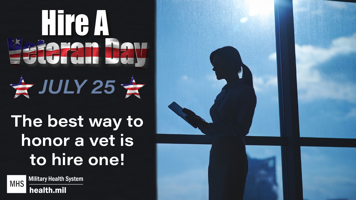 Social media graphic on Hire a Veteran Day showing a woman at work