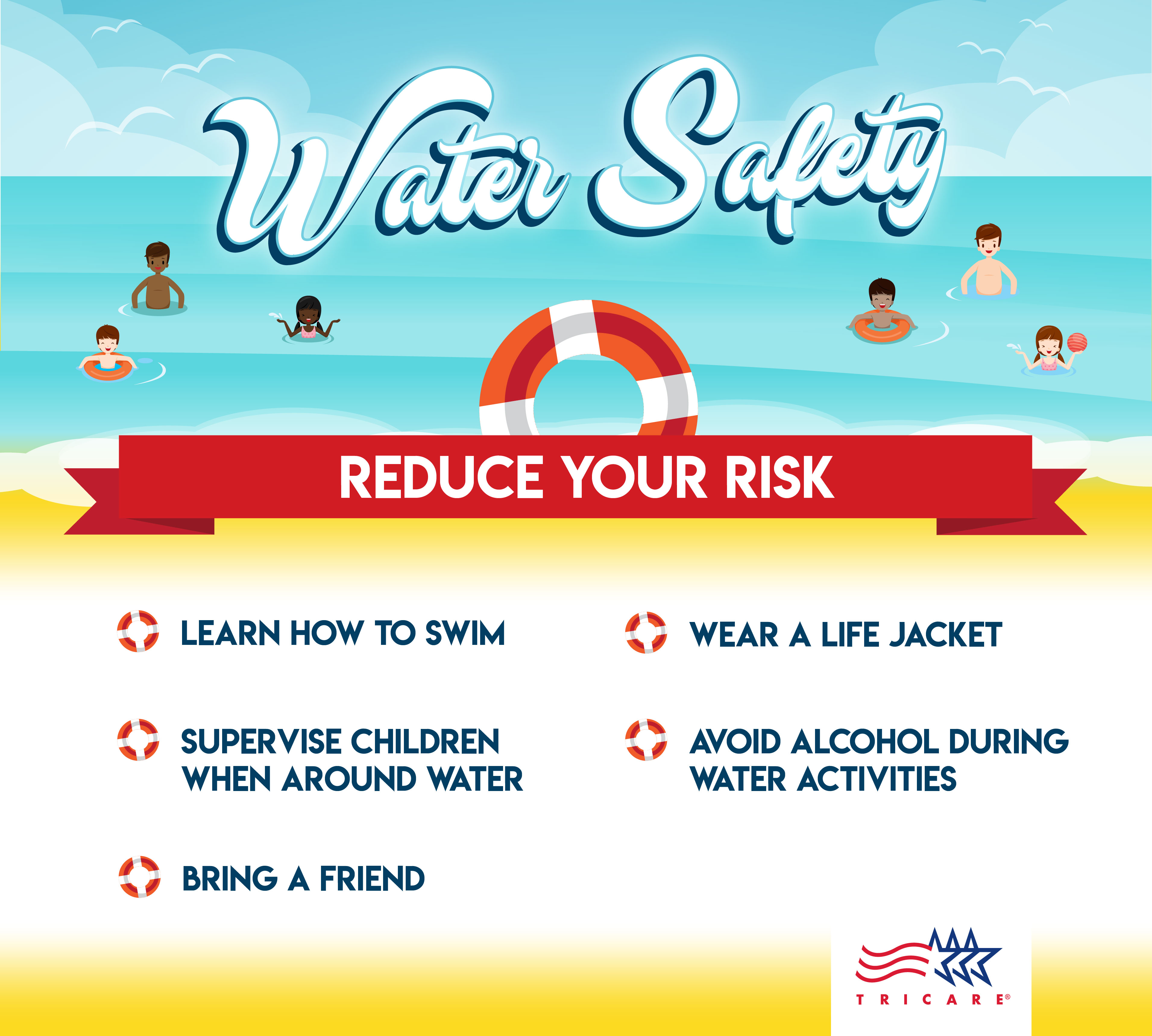 Social media infographic on summer safety showing a beach scene
