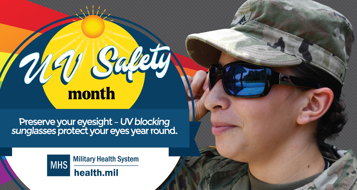 Social media graphic on U.V. safety showing a service member wearing sunglasses