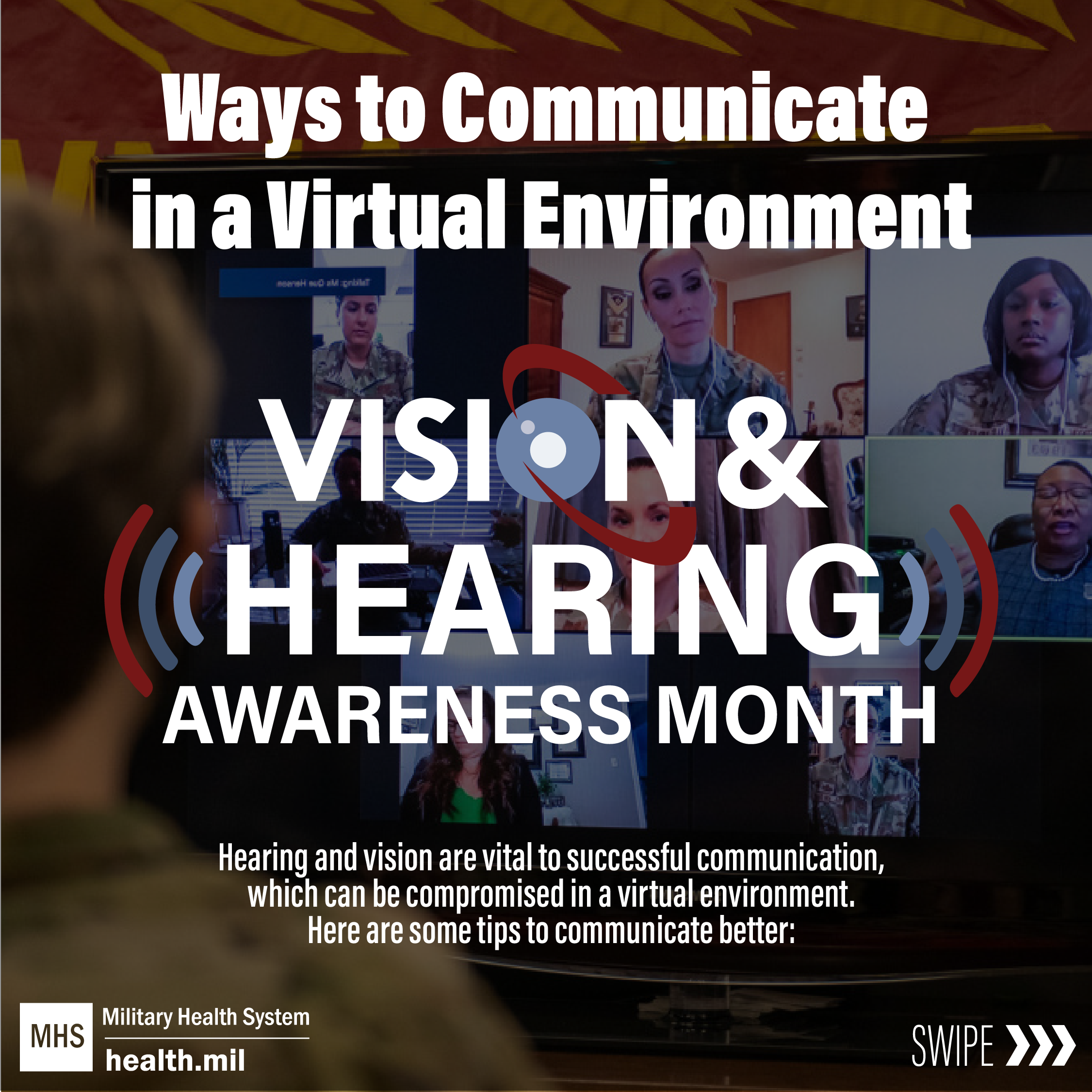 Infographic that says "Ways to Communicate in a Virtual Environment" on the top and "Vision & Hearing Awareness Month" in the middle. 