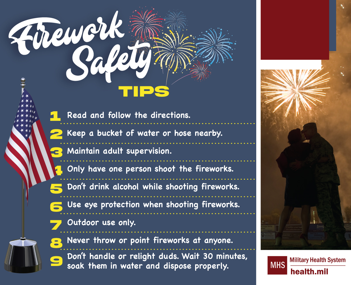 Social media graphic for Firework Safety Month, showing a firework exploding