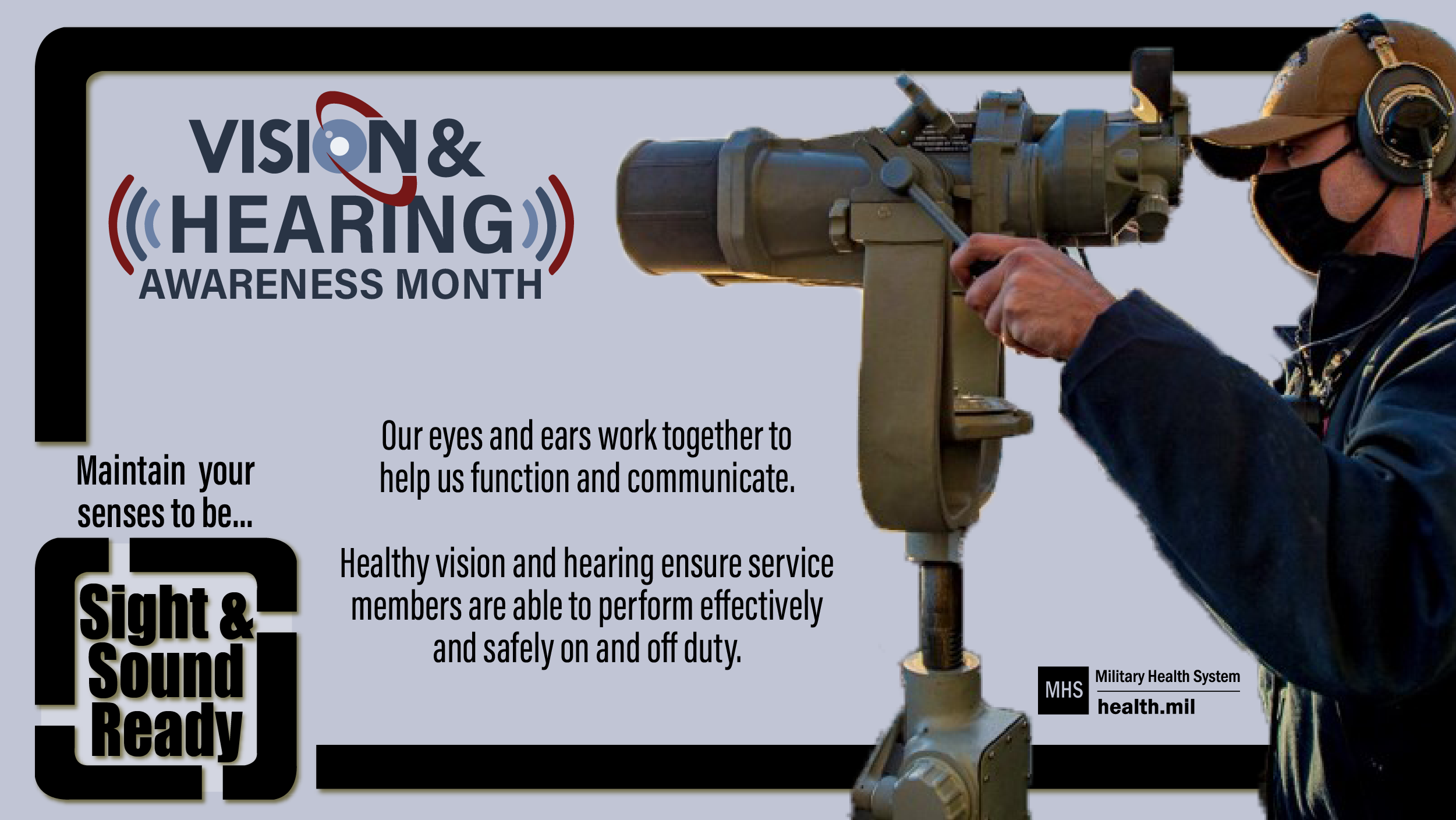 Social media graphic for Vision and Hearing Loss Prevention Month showing a service member looking through binoculars