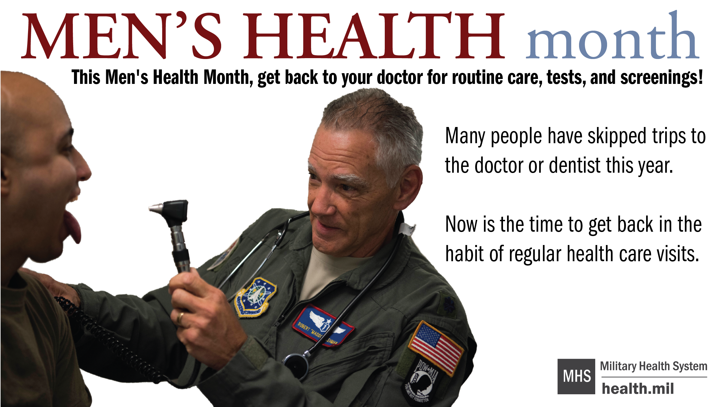 Social media graphic for Men’s Health Month showing a military doctor giving an exam to a service member