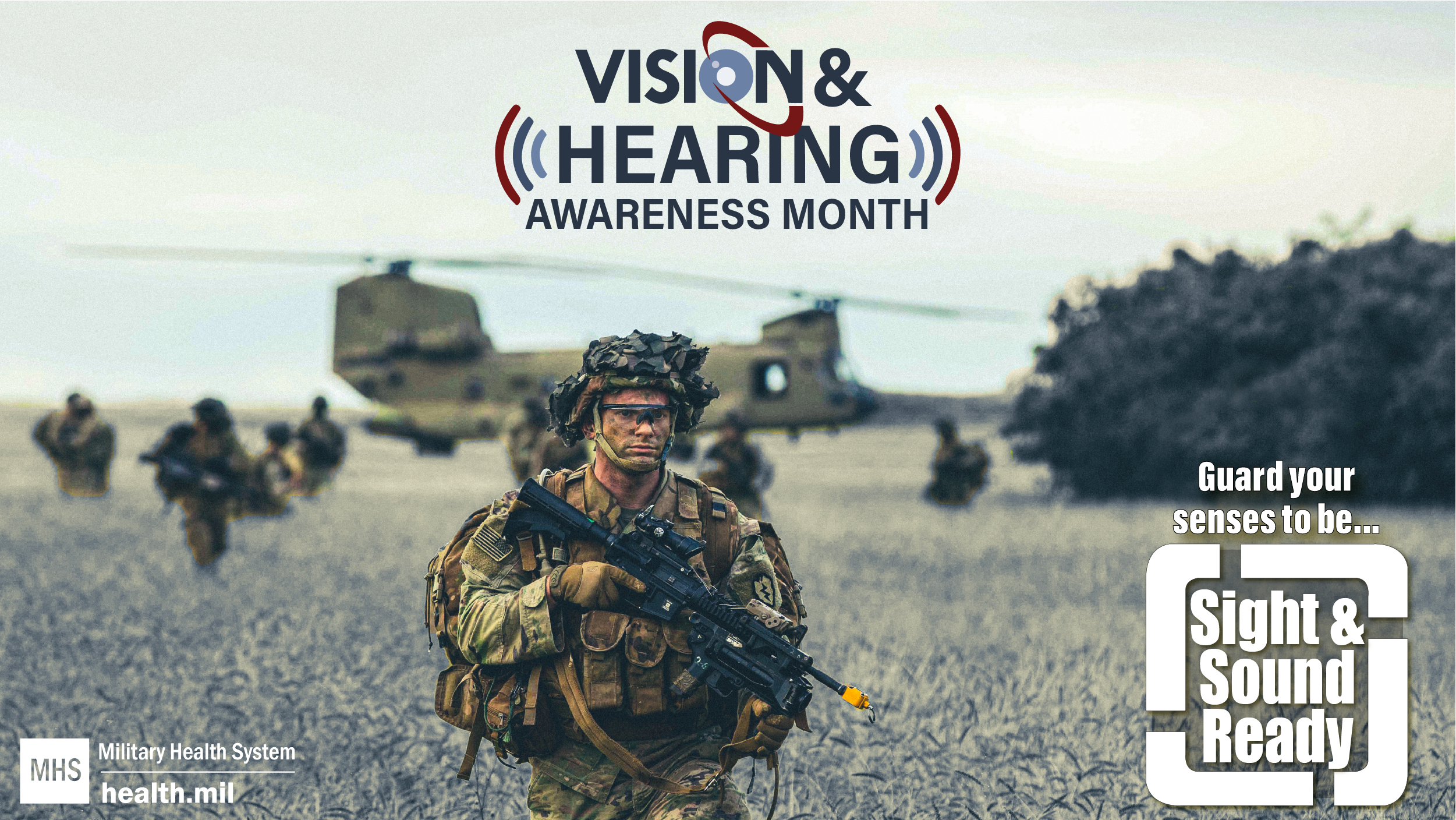 Social media graphic for Vision and Hearing Loss Prevention Month, showing service members on a beach