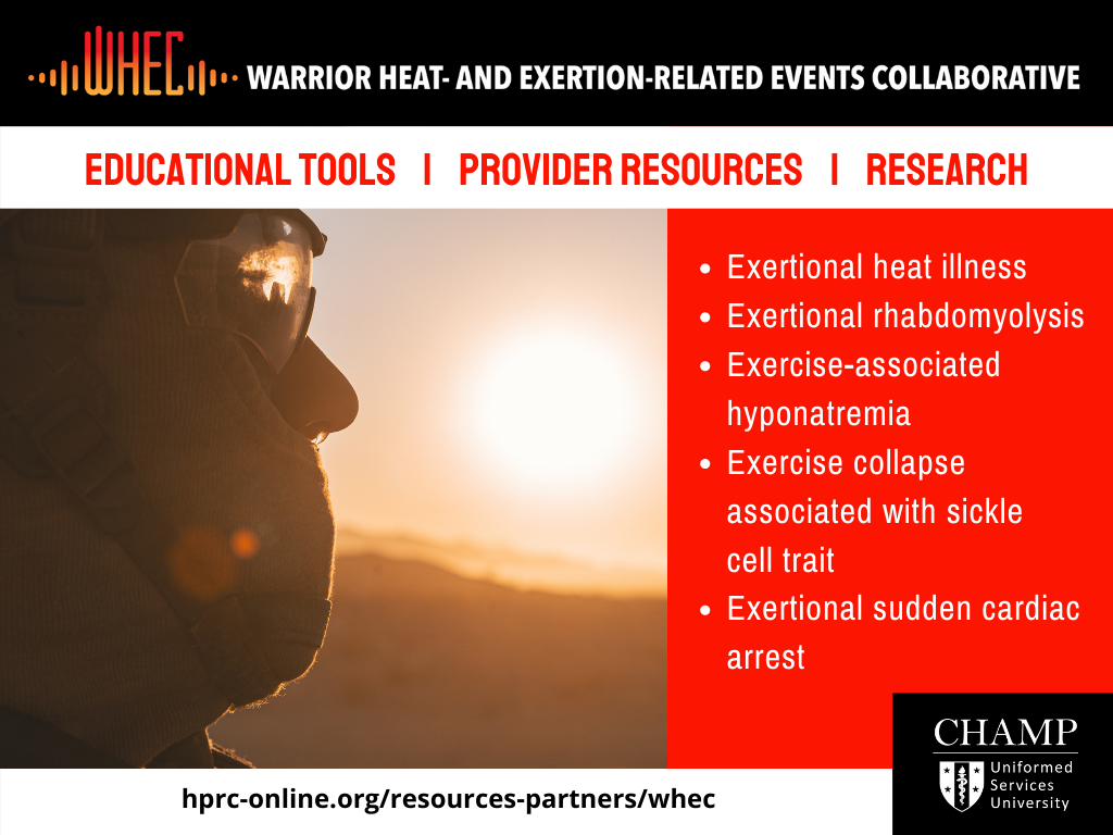 Social media graphic from the Consortium for Health and Military Performance on extreme heat showing a service member looking towards sunset