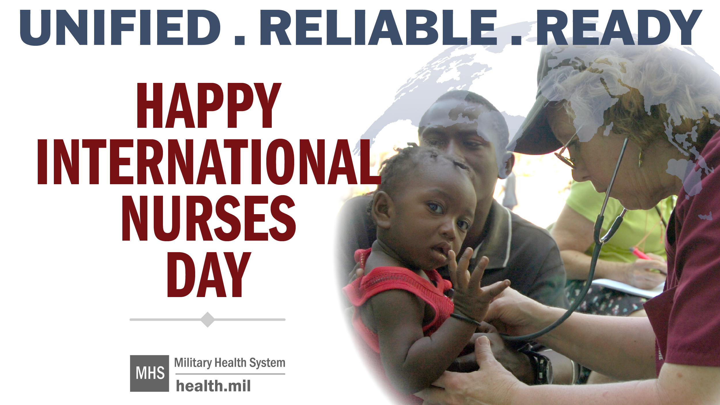 Social media graphic for International Nurses Day, showing a nurse caring for a parent and child.