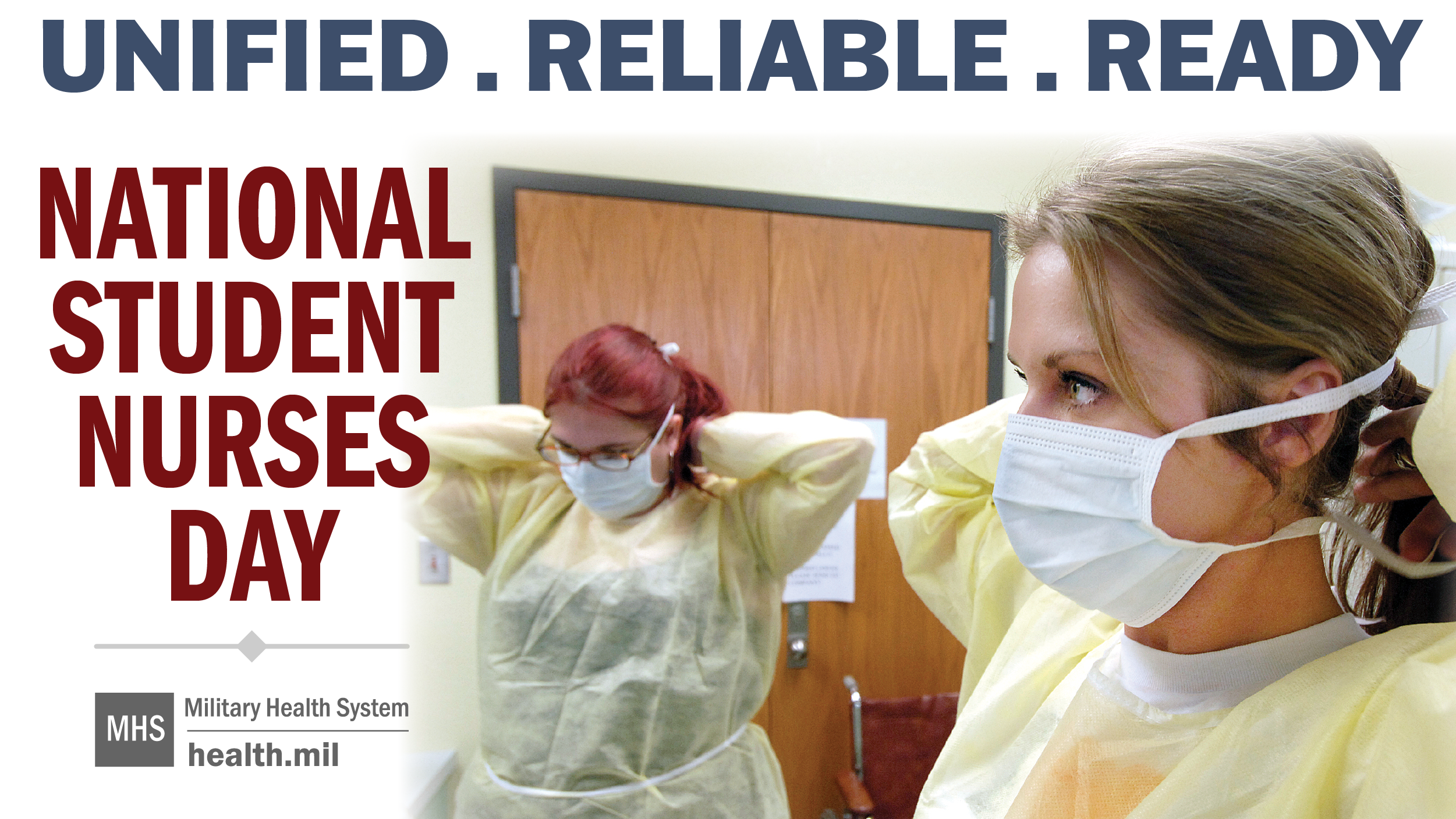 Social media graphic for National Student Nurses Day, showing two nurses wearing scrubs and face masks.