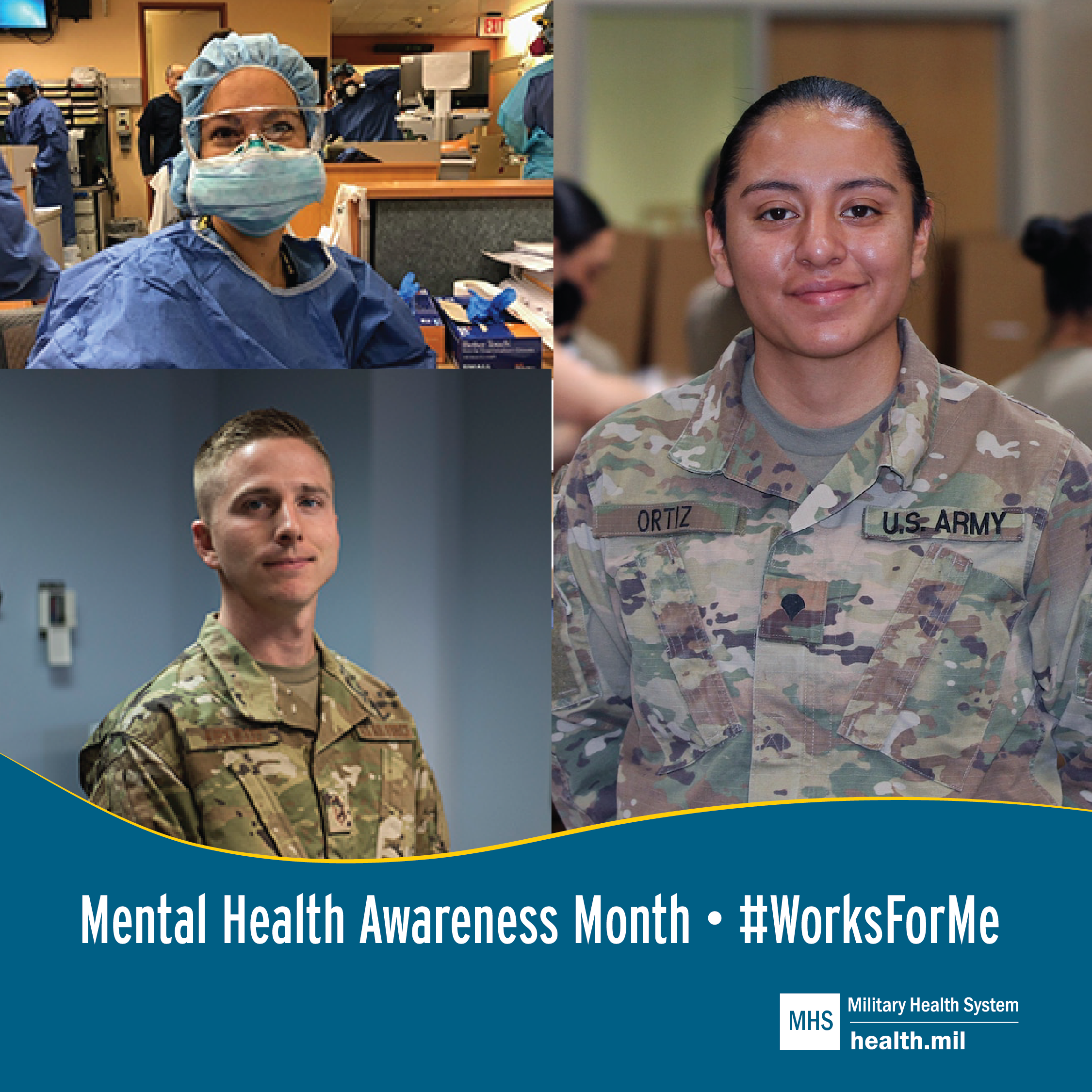 Social media graphic for Mental Health Month showing three service members looking at the camera.
