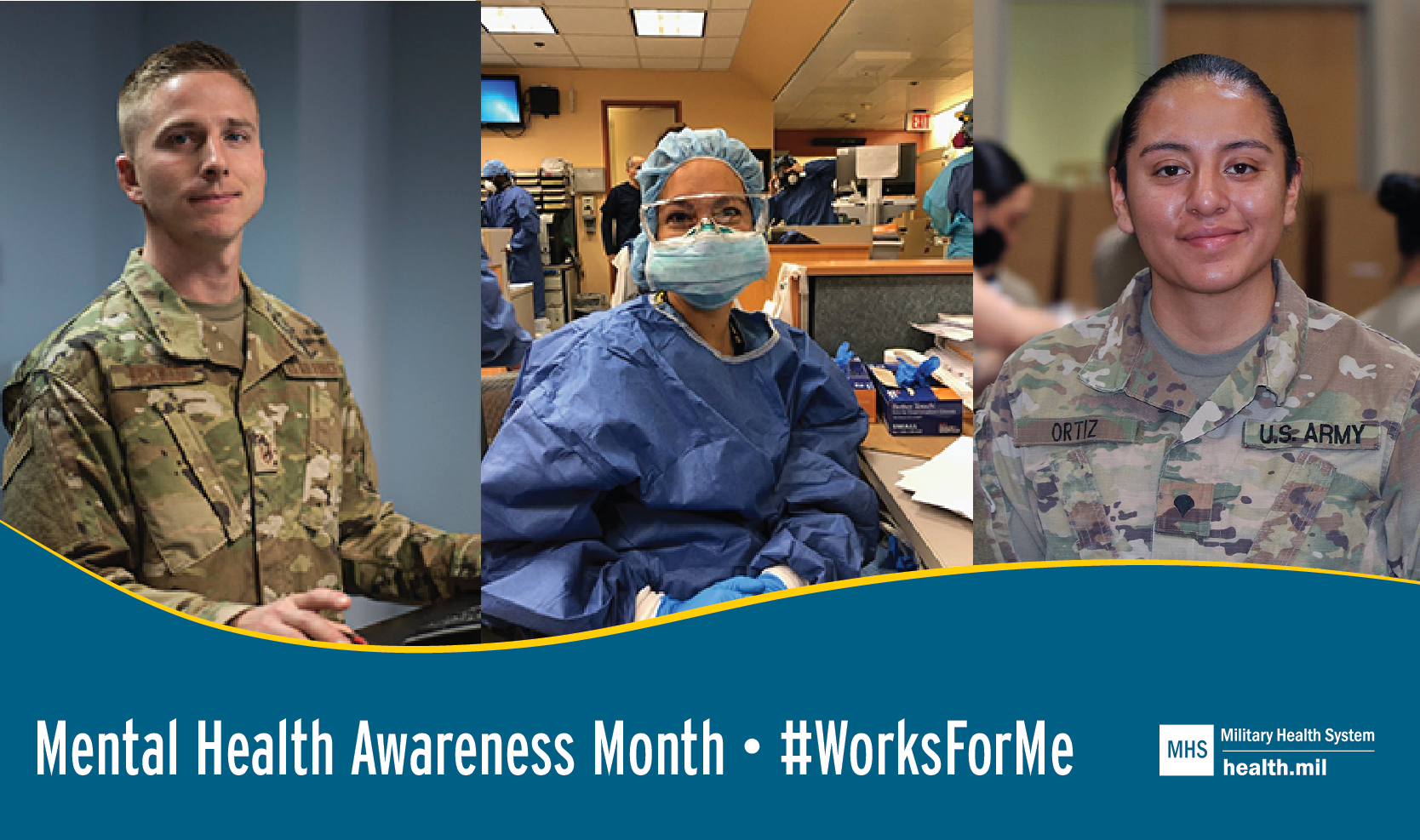 Social media graphic for Mental Health Month showing three service members looking at the camera.