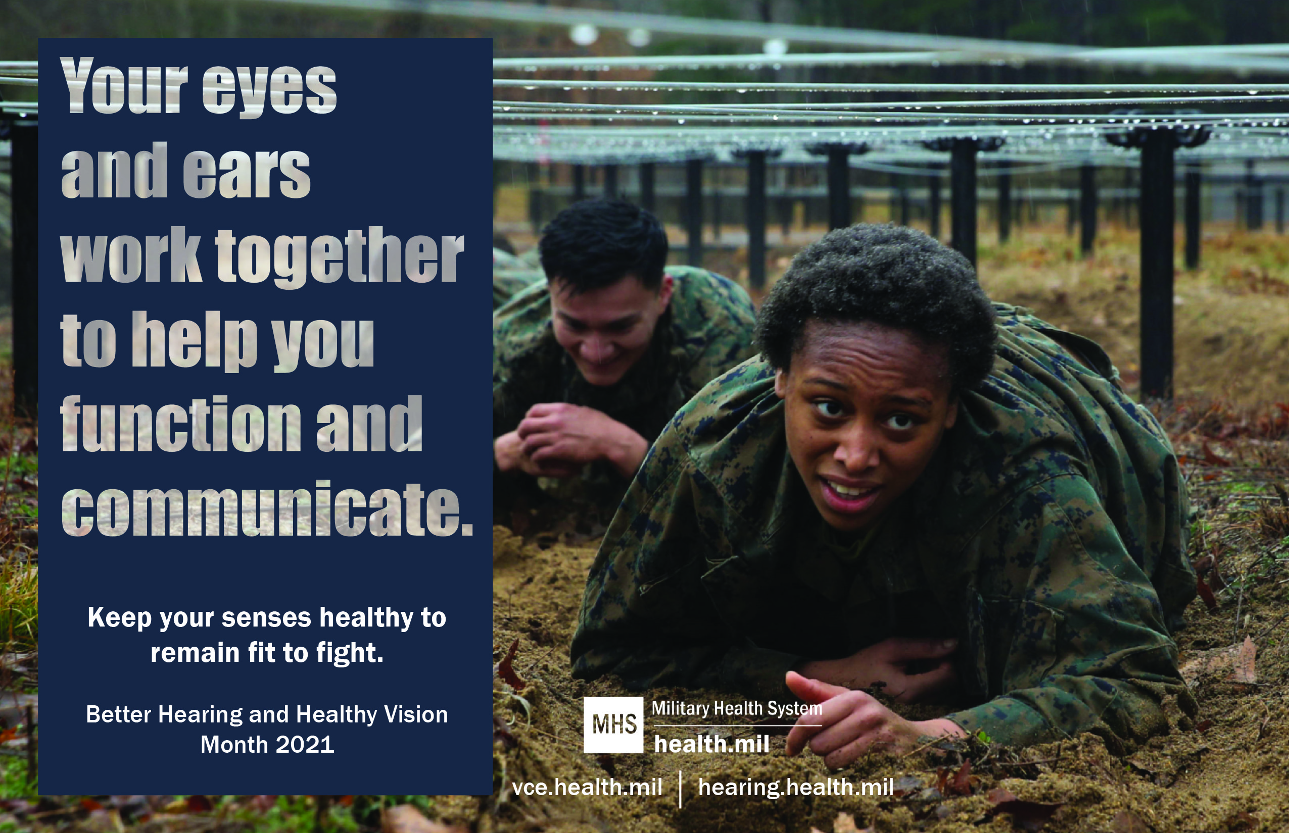 Social media graphic promoting Better Hearing and Healthy Vision Month showing service members in training.