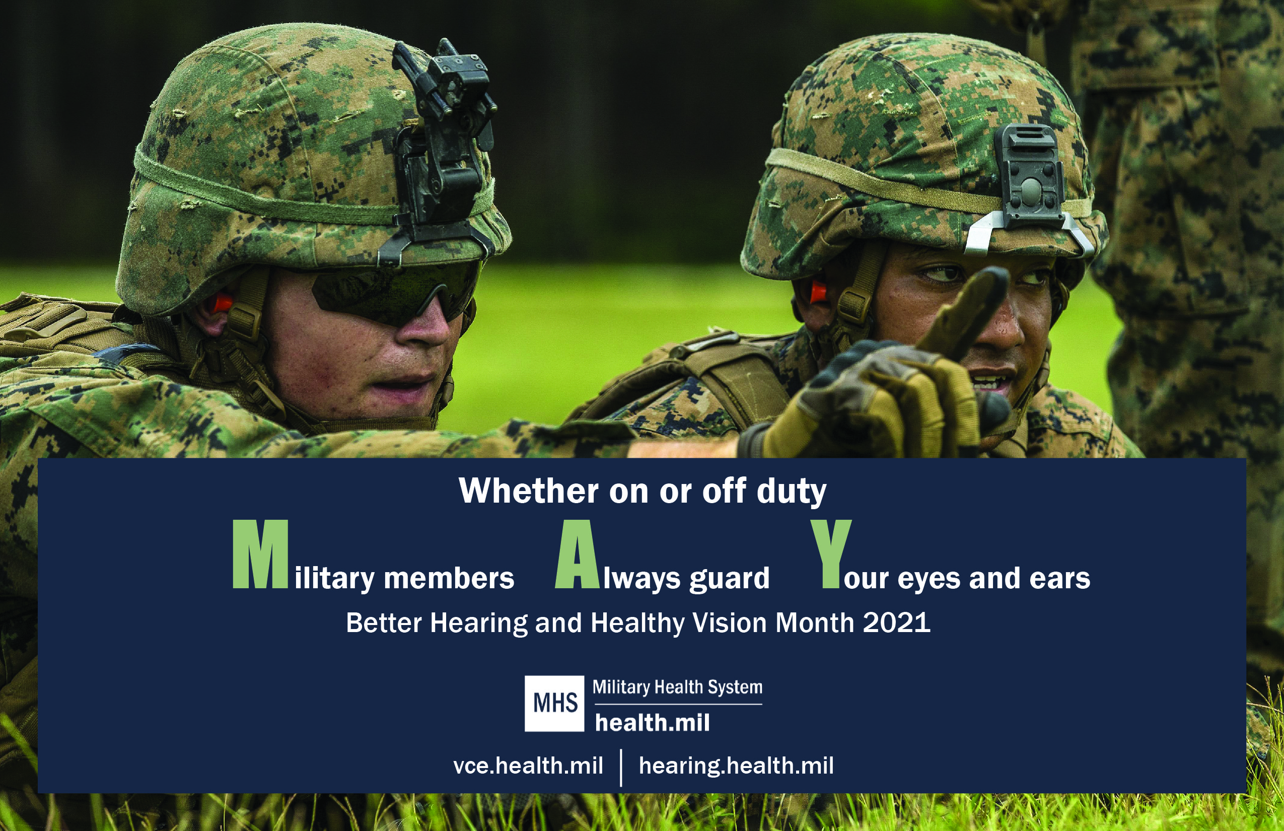 Social media graphic promoting Better Hearing and Healthy Vision Month showing service members in training