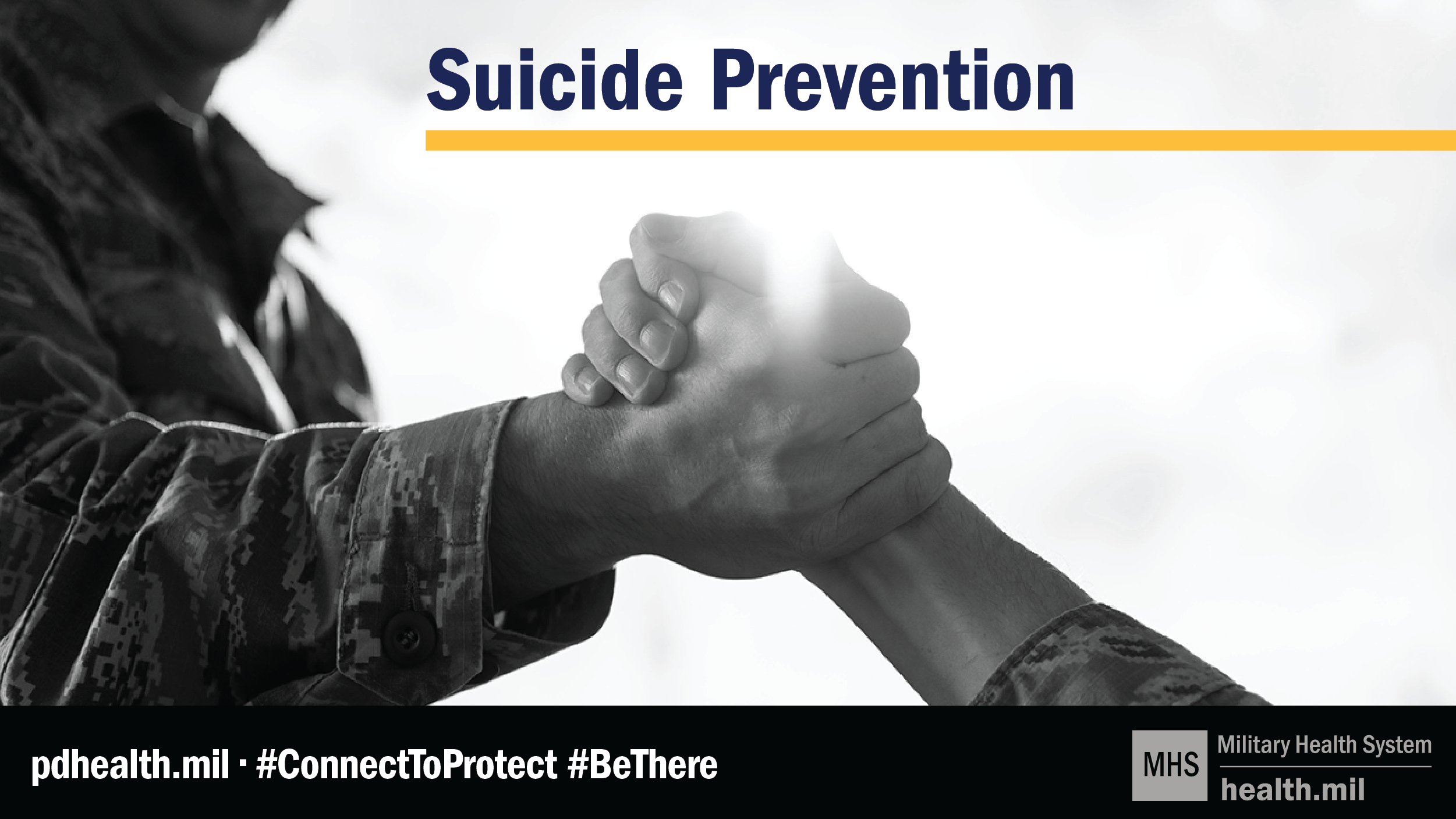 Social media graphic for suicide prevention showing two people clasping hands, with text saying "Suicide Prevention"