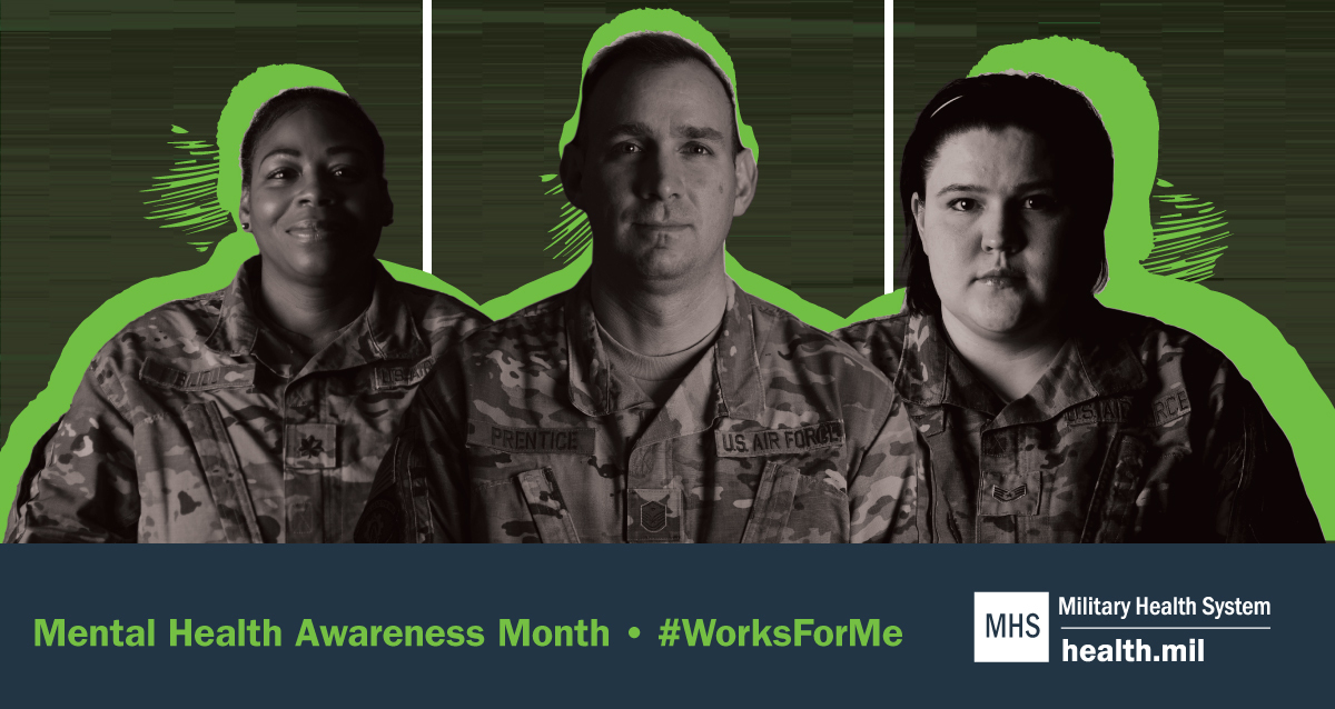 Social media graphic for Mental Health Awareness Month with three service members facing the camera