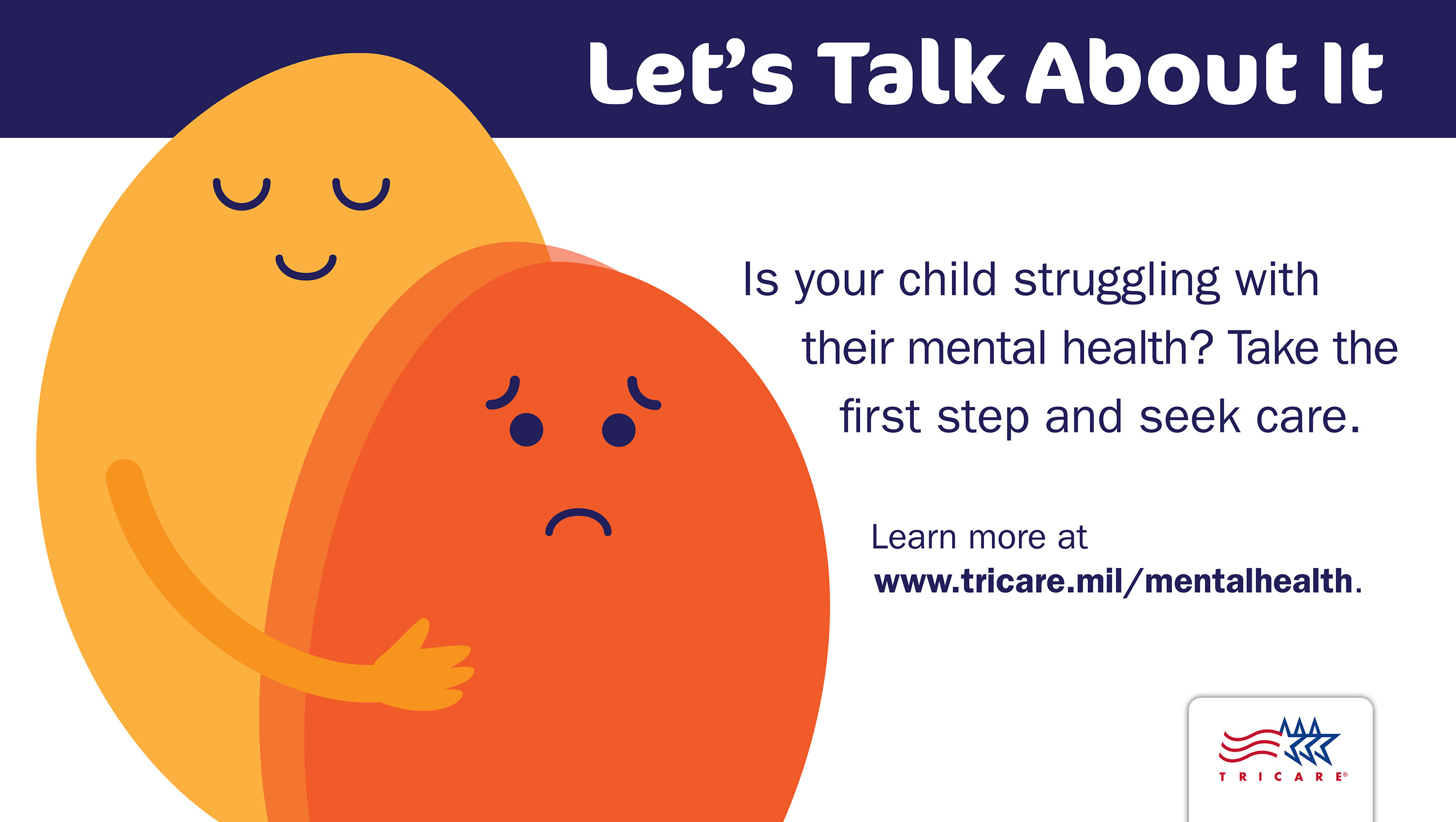 This graphic is an image of a yellow, amorphous blob with its arm around an orange blob with a sad face, comforting it.