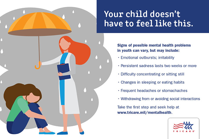 This graphic is an image of a female medical professional holding an umbrella over a female seated and hugging her knees. The umbrella is shielding both of them from the rain.